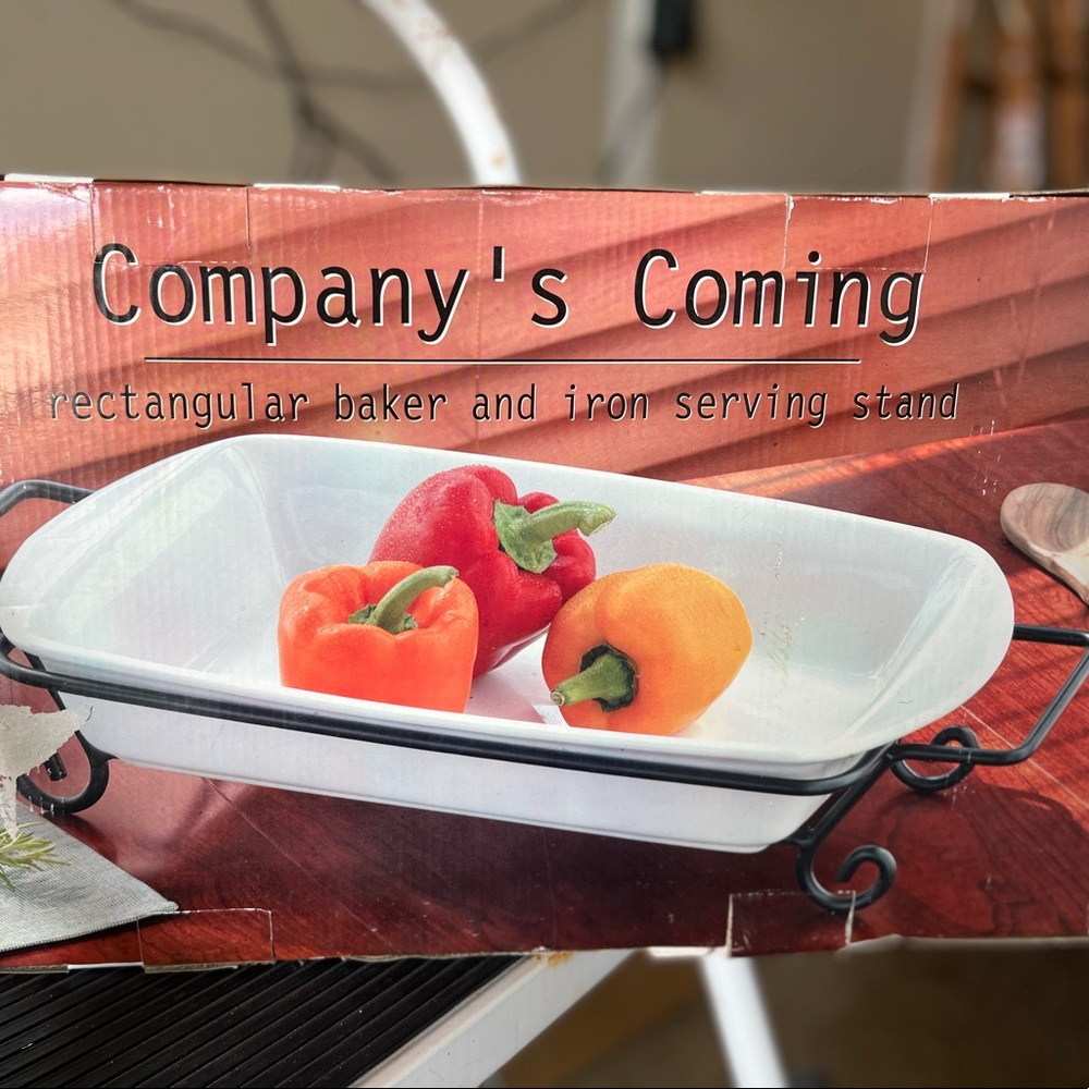 Company's Coming White Stoneware Rectangular Baker With Iron Serving Stand